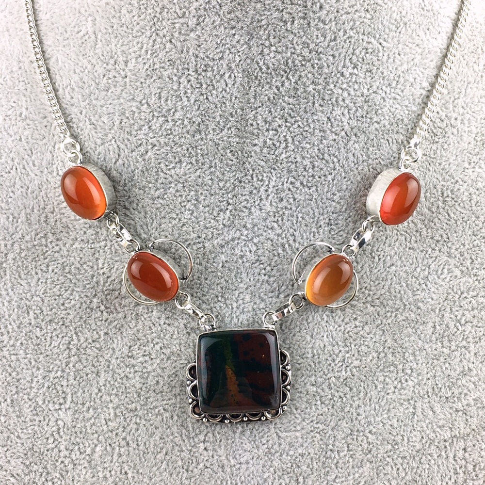 New Agate and Jasper Stone Silver Overlay Necklace 17”